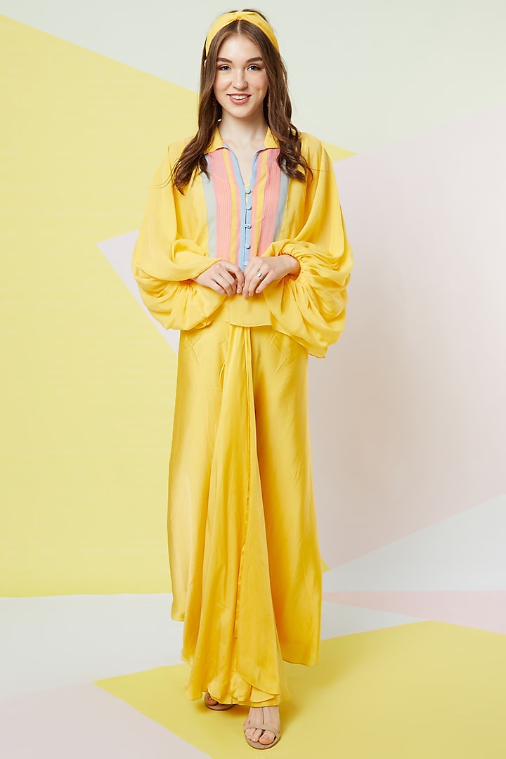 Irish Yellow Bishop Sleeves Top & Draped Skirt Set by Wendell Rodricks at Pernia's Pop Up Shop