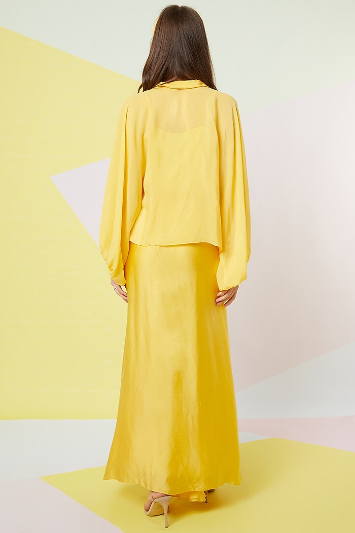 Irish Yellow Bishop Sleeves Top & Draped Skirt Set by Wendell Rodricks at Pernia's Pop Up Shop