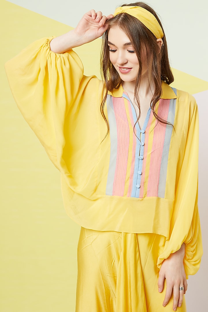 Irish Yellow Bishop Sleeves Top & Draped Skirt Set by Wendell Rodricks at Pernia's Pop Up Shop