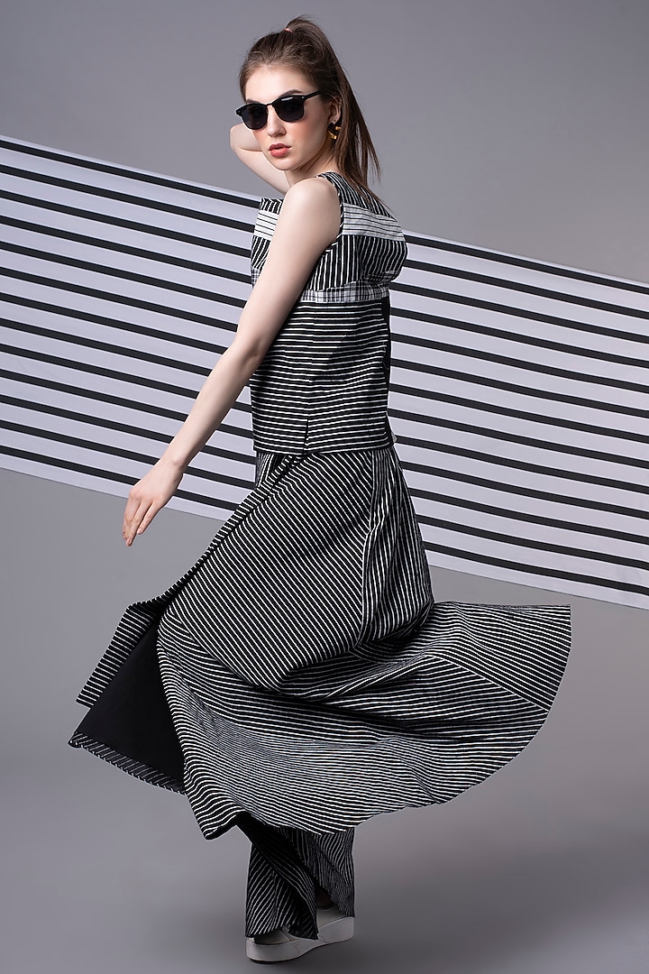Black Checkered & Striped Skirt Set by Wendell Rodricks at Pernia's Pop Up Shop