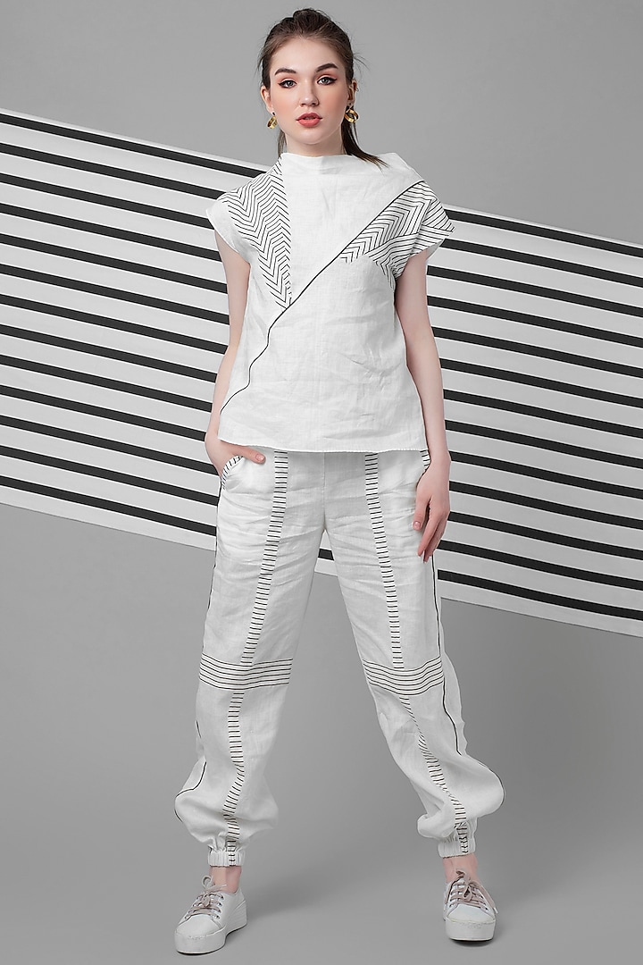 White Monochrome Patchwork Top & Jogger Pant Set by Wendell Rodricks