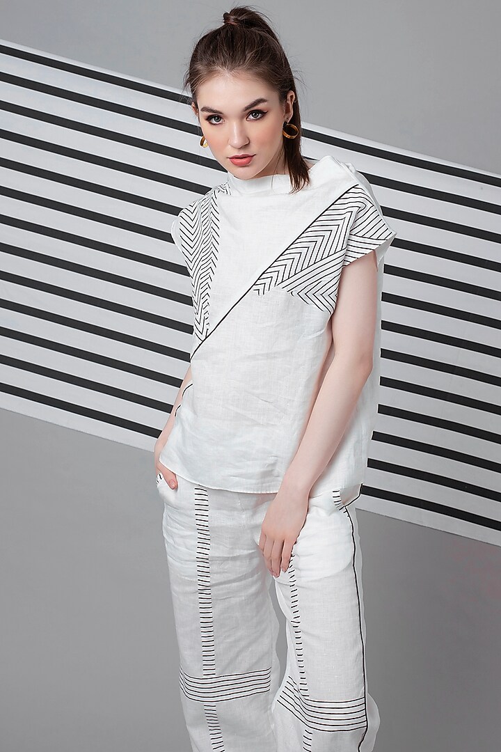 White Monochrome Patchwork Top & Jogger Pant Set by Wendell Rodricks at Pernia's Pop Up Shop