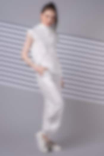 White Monochrome Striped Jogger Pants by Wendell Rodricks at Pernia's Pop Up Shop