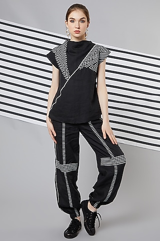 Black Monochrome Oversize Patchwork Top by Wendell Rodricks
