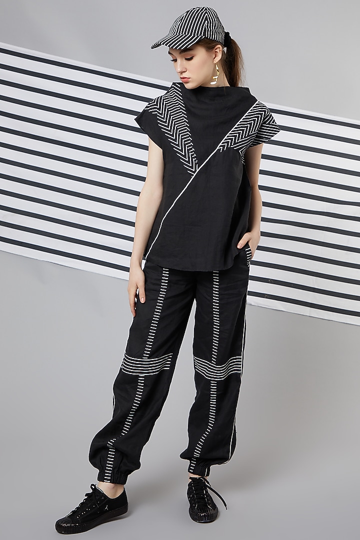 Black Monochrome Striped Jogger Pants by Wendell Rodricks at Pernia's Pop Up Shop