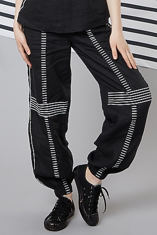 Black Monochrome Striped Jogger Pants by Wendell Rodricks
