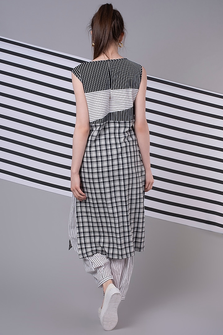 White Checkered & Striped Patchwork Tunic Set by Wendell Rodricks at Pernia's Pop Up Shop