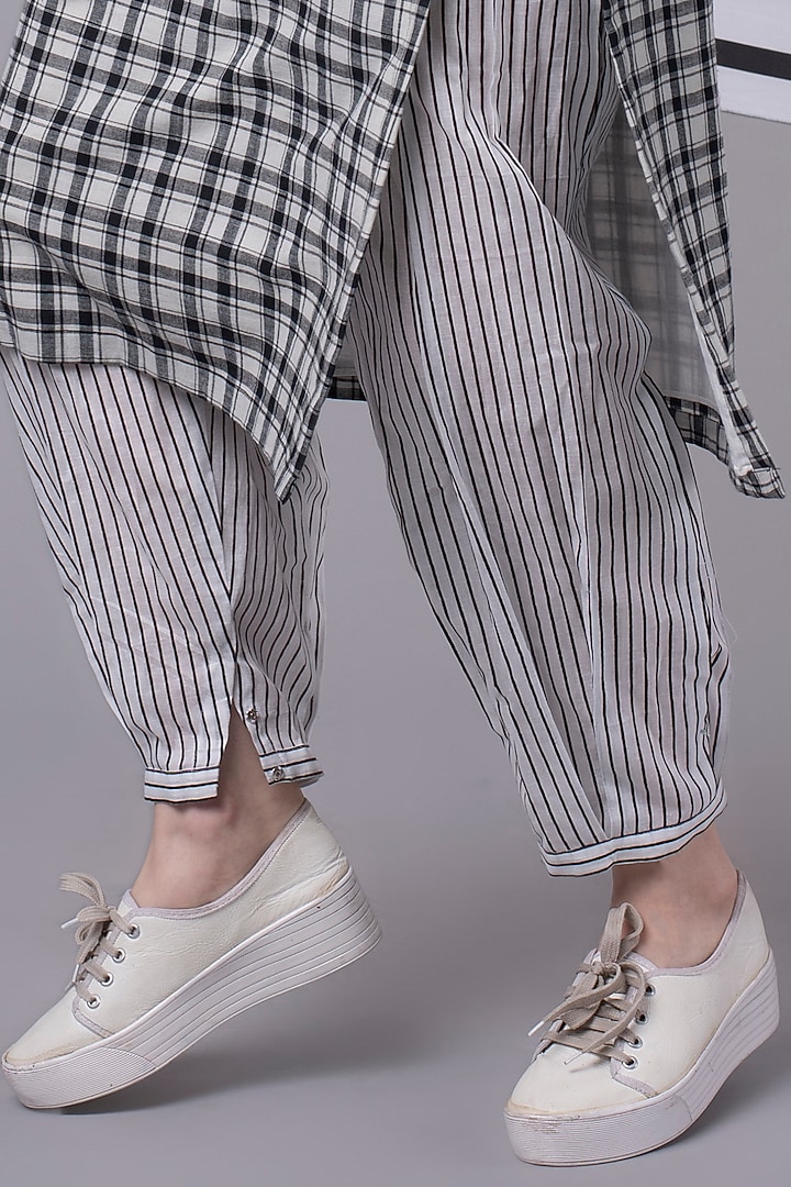 White Checkered & Striped Patchwork Tunic Set by Wendell Rodricks at Pernia's Pop Up Shop