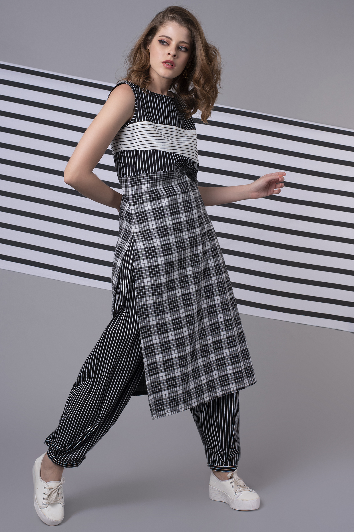 Black Checkered & Striped Patchwork Tunic Set by Wendell Rodricks at Pernia's Pop Up Shop