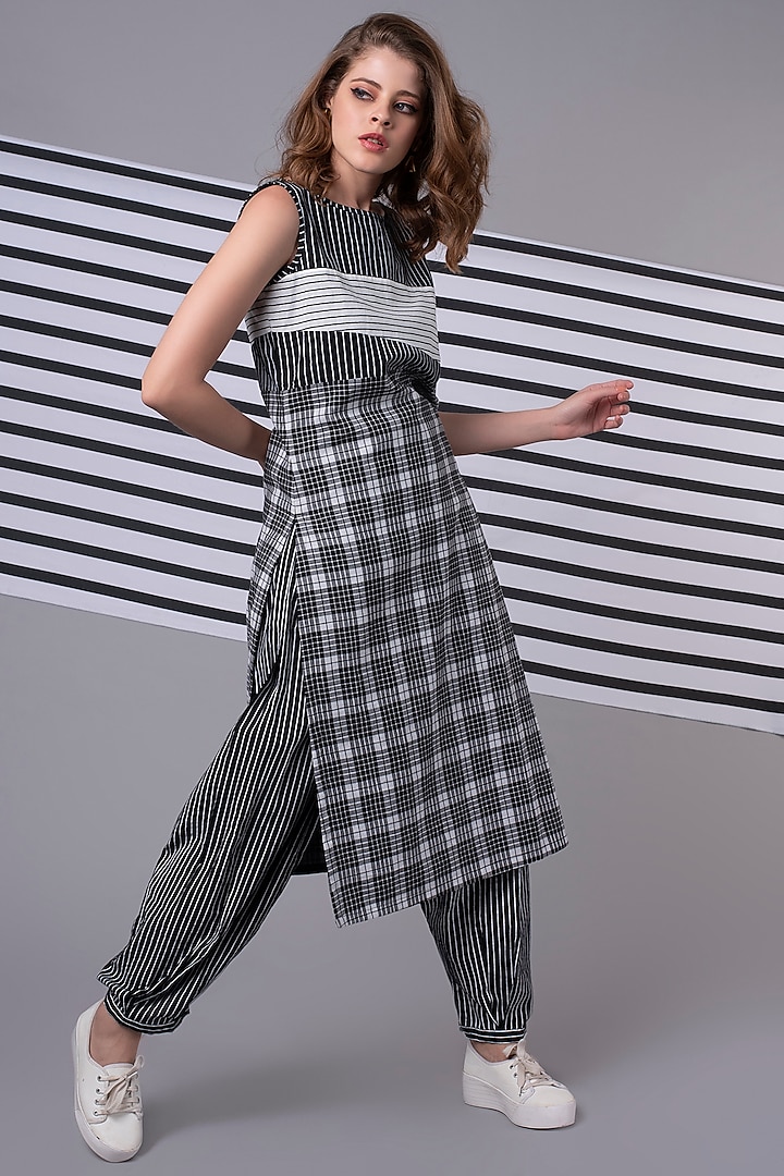 Black Checkered & Striped Patchwork Tunic Set by Wendell Rodricks at Pernia's Pop Up Shop