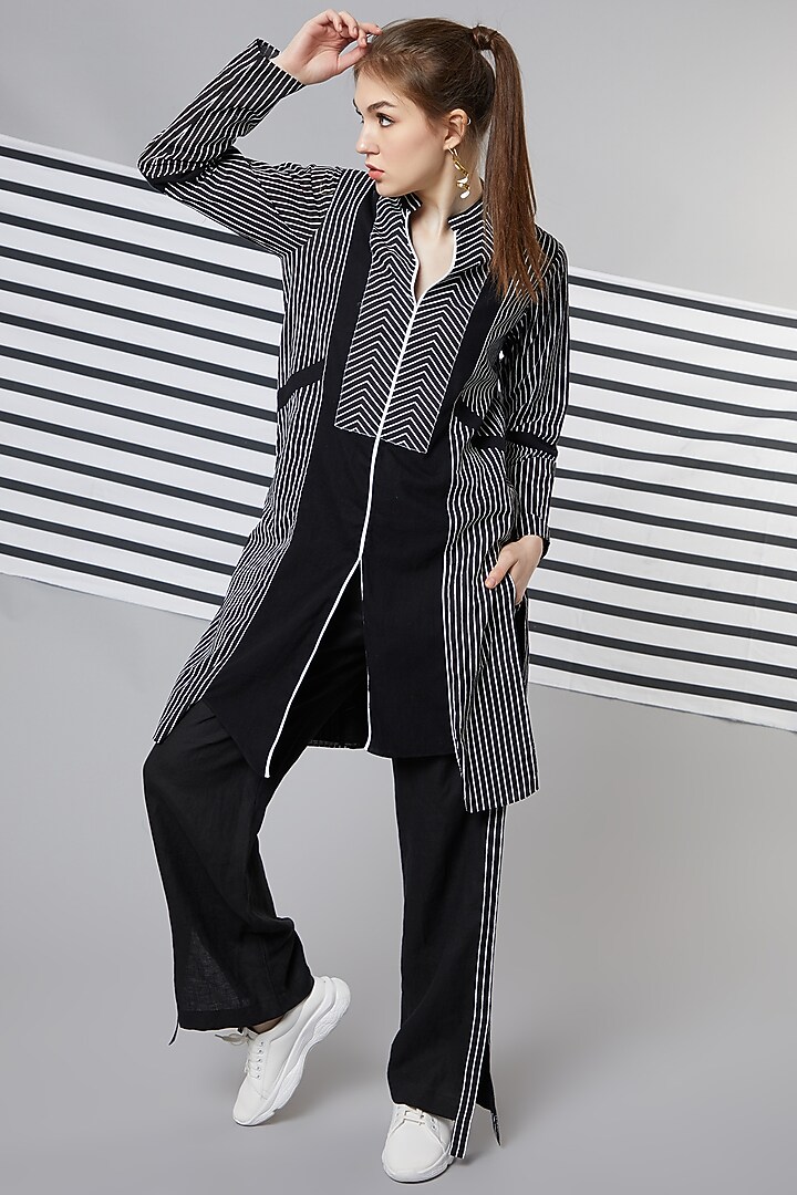 Black Linen Striped Tape Pants by Wendell Rodricks at Pernia's Pop Up Shop