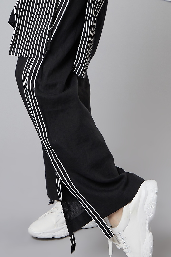 Black Linen Striped Tape Pants by Wendell Rodricks