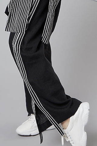 Black Linen Striped Tape Pants by Wendell Rodricks