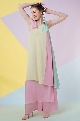Lavender Layered Pleated One-shoulder Tunic by Wendell Rodricks