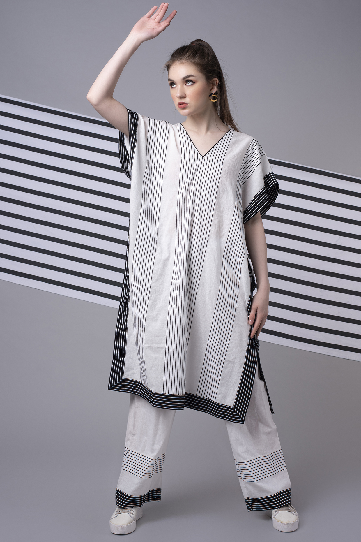 White Striped Patchwork Oversize Kaftan  by Wendell Rodricks at Pernia's Pop Up Shop
