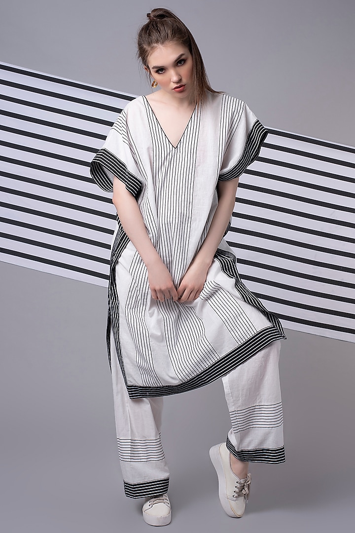 White Striped Patchwork Pants by Wendell Rodricks