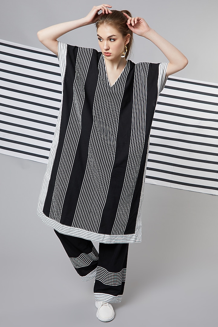 Black Striped Patchwork Kaftan Set by Wendell Rodricks at Pernia's Pop Up Shop