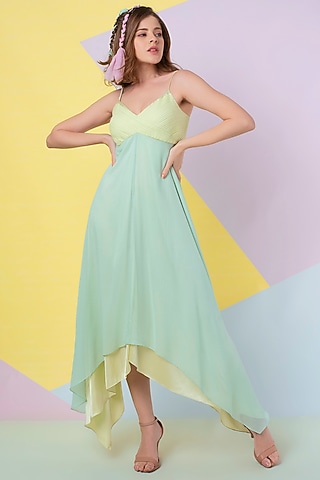 Seafoam Pintuck Asymmetric Gown by Wendell Rodricks