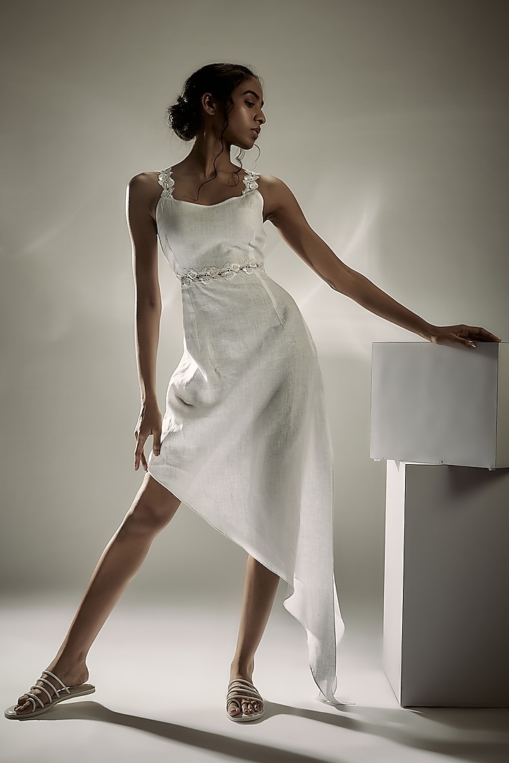 White Linen Lace Dress With Embroidered Gloves by Wendell Rodricks