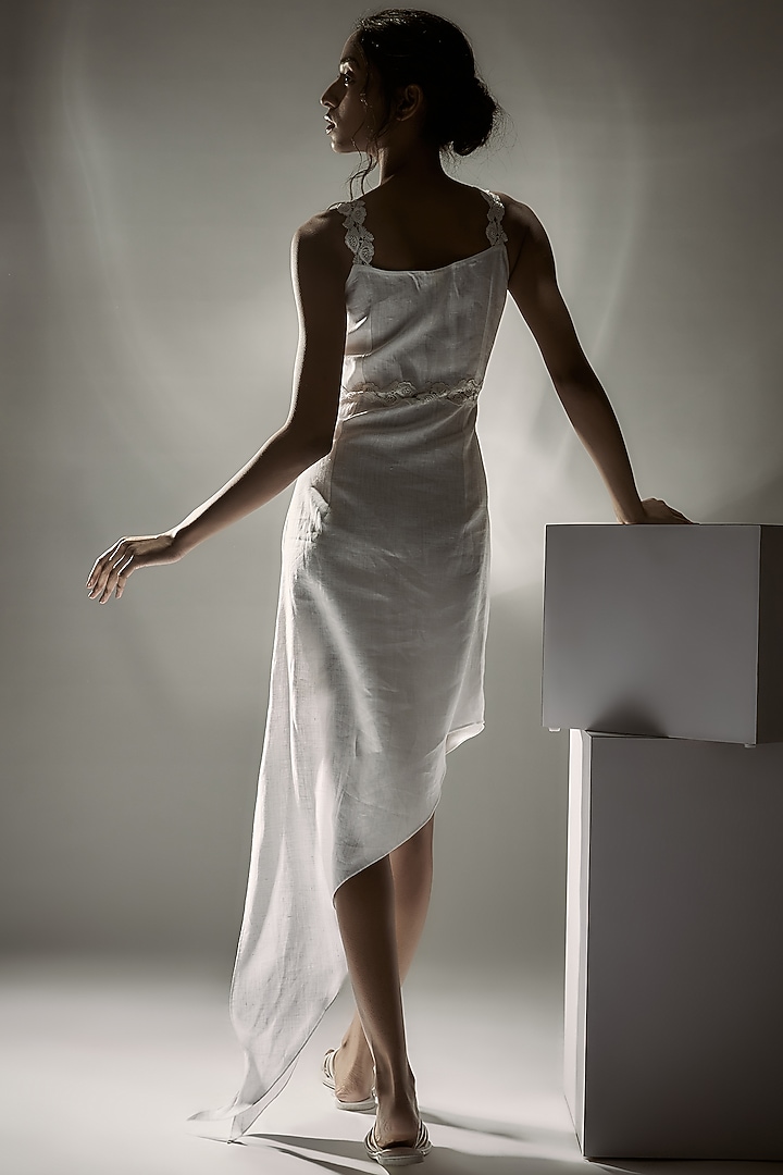 White Linen Lace Summer Dress With Embroidered Gloves by Wendell Rodricks at Pernia's Pop Up Shop