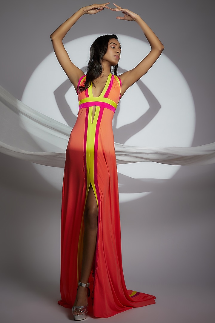 Orange Color-Blocked Halter Gown by Wendell Rodricks at Pernia's Pop Up Shop