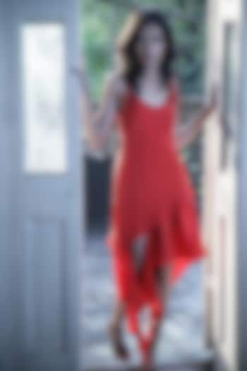 Red Silk Georgette Asymmetrical Dress by Wendell Rodricks