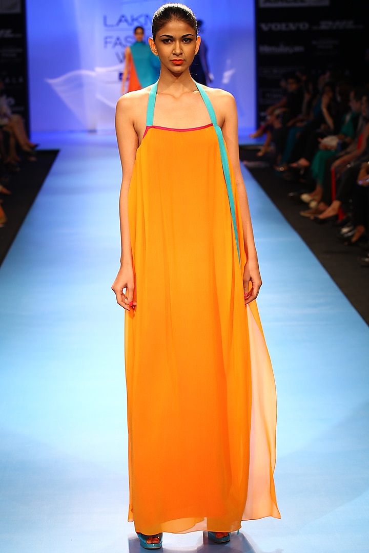 Orange Silk Layered Halter Gown by Wendell Rodricks