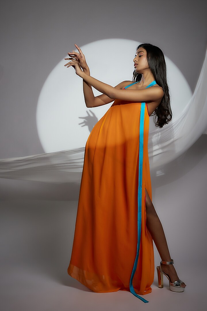 Orange Silk Layered Halter Gown by Wendell Rodricks at Pernia's Pop Up Shop
