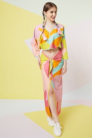 Lavender Abstract Printed Sarong Skirt by Wendell Rodricks