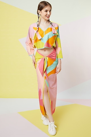 Lavender Abstract Printed Sarong Set   by Wendell Rodricks