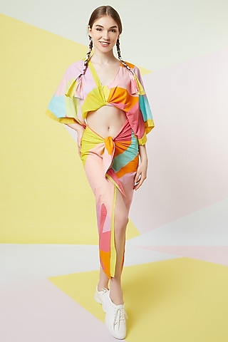 Lavender Abstract Printed Sarong Skirt Set   by Wendell Rodricks