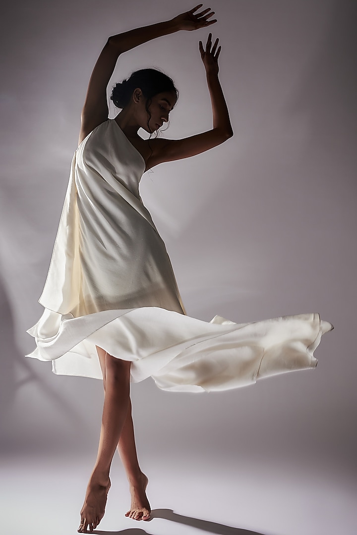 Off White One Shoulder Gown by Wendell Rodricks