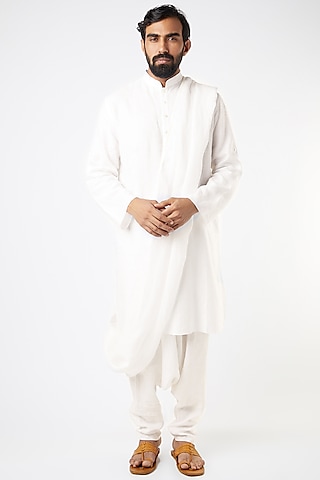 White Long Kurta With Drape by Wendell Rodricks Men