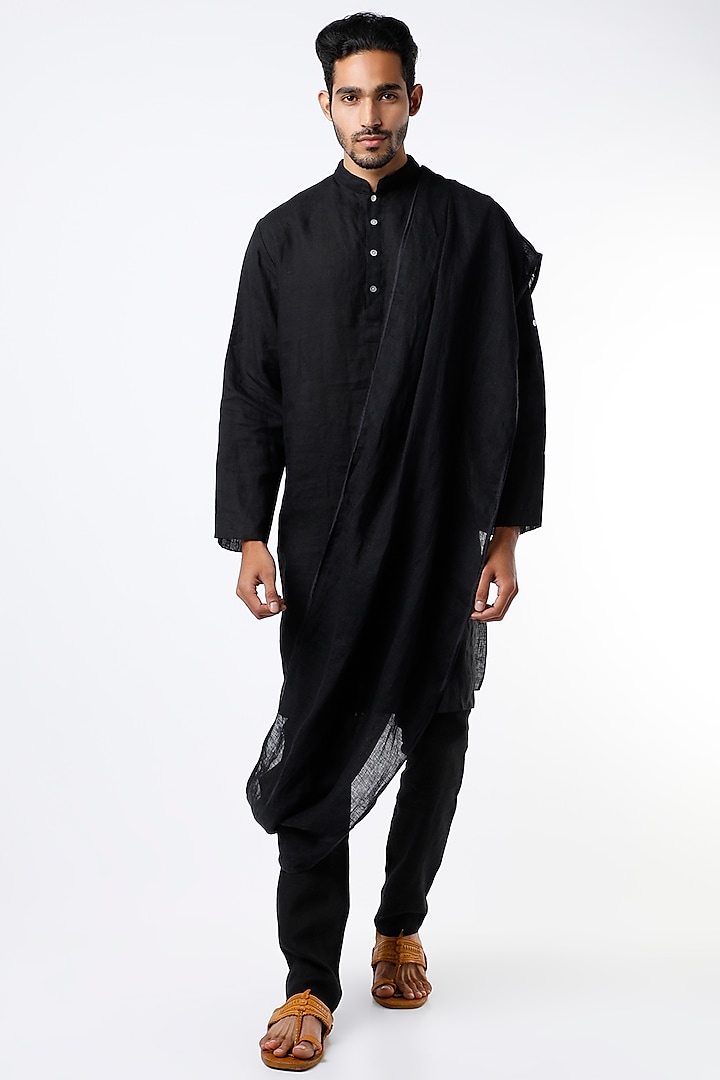 Black Linen Kurta With Drape by Wendell Rodricks Men