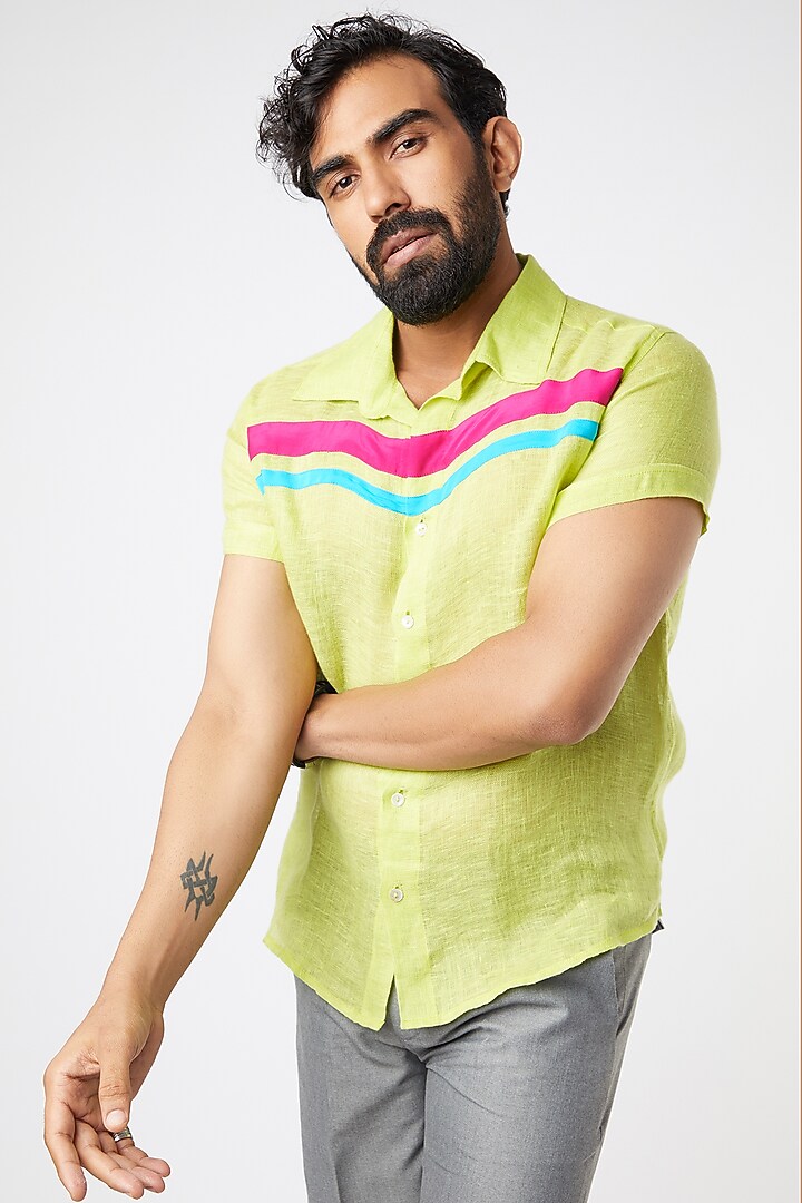 Neon Green Gauze Linen Party Wear Shirt by Wendell Rodricks Men at Pernia's Pop Up Shop