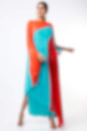 Orange & Turquoise Georgette Kaftan by Wendell Rodricks at Pernia's Pop Up Shop