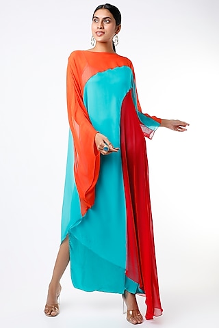 Orange & Turquoise Georgette Kaftan by Wendell Rodricks