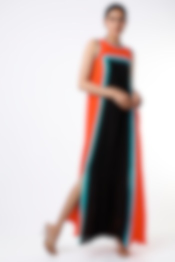 Orange & Black Color Blocked Maxi Dress by Wendell Rodricks