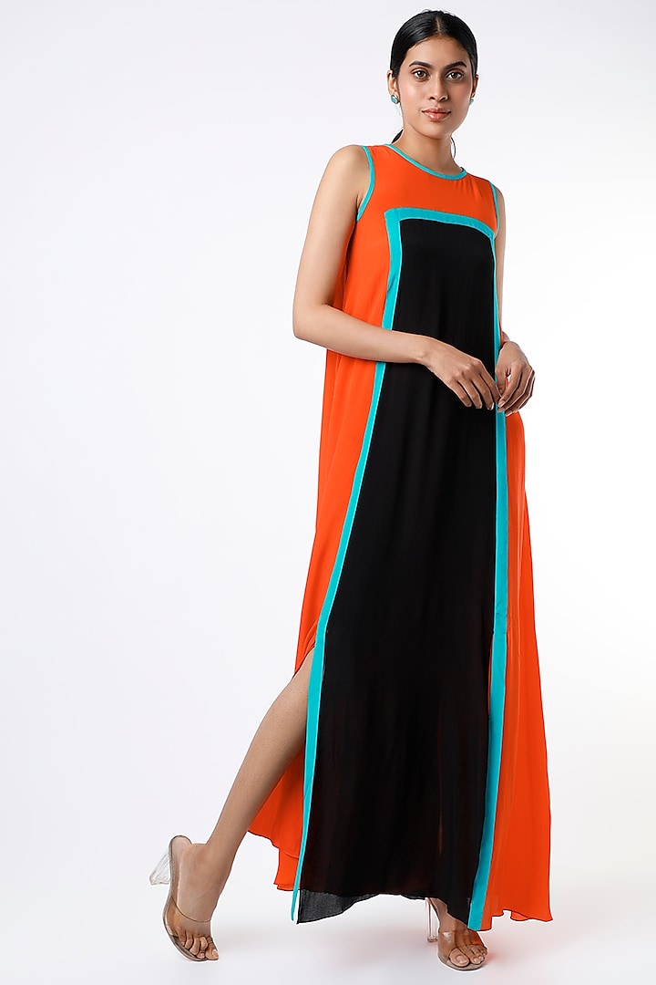 Orange & Black Color Blocked Maxi Dress by Wendell Rodricks