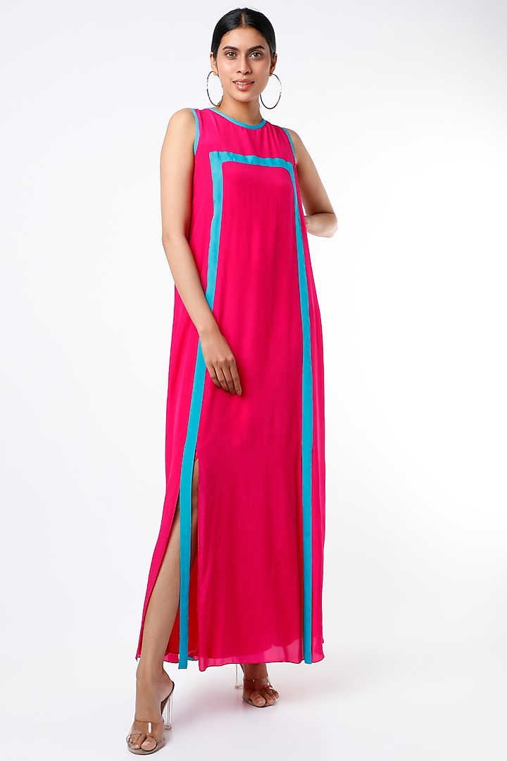Fuchsia & Turquoise Color Blocked Maxi Dress by Wendell Rodricks