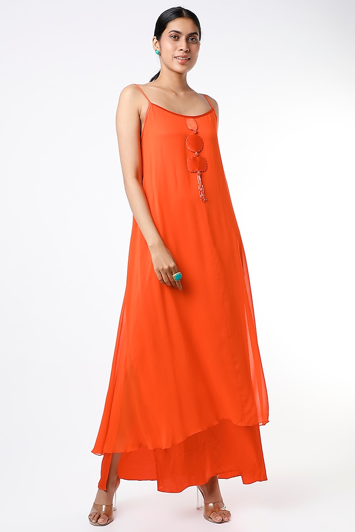 Orange Embellished Layered Maxi Dress by Wendell Rodricks