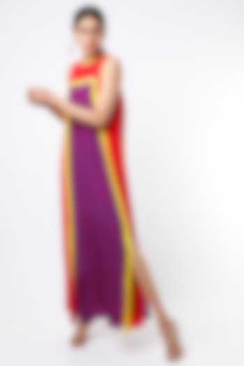 Red & Purple Color Blocked Maxi Dress by Wendell Rodricks