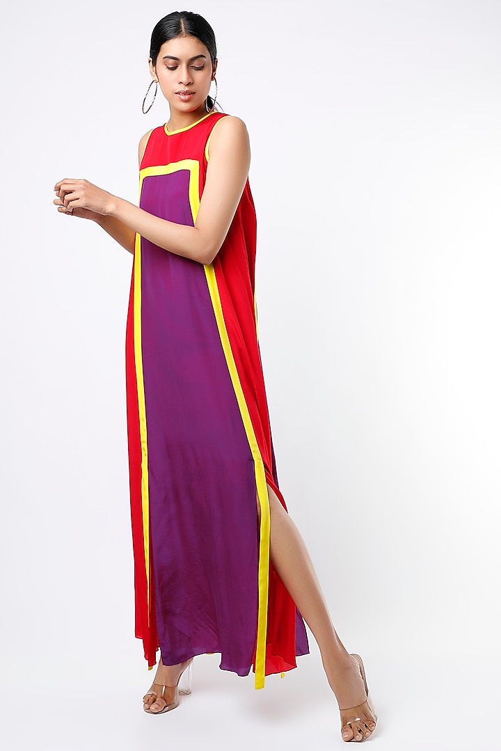 Red & Purple Color Blocked Maxi Dress by Wendell Rodricks at Pernia's Pop Up Shop