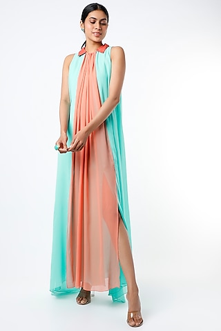 Sea Green & Peach Maxi Dress by Wendell Rodricks