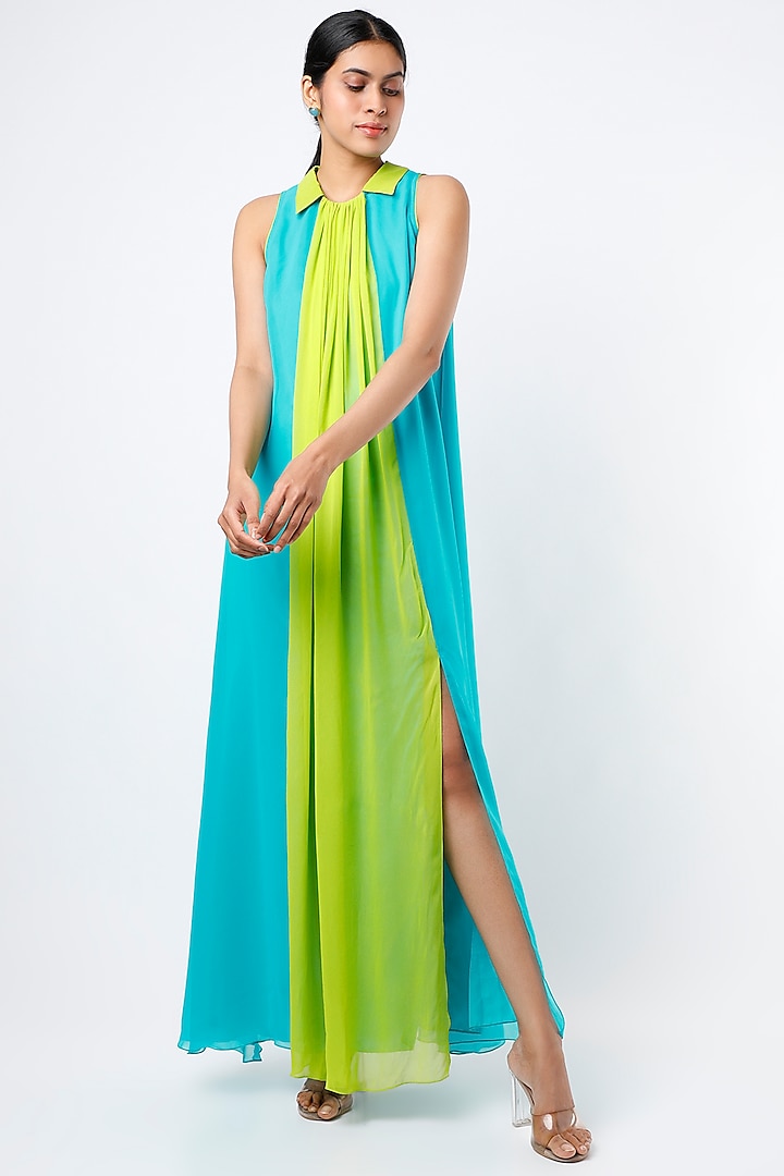 Turquoise & Neon Green Maxi Dress by Wendell Rodricks