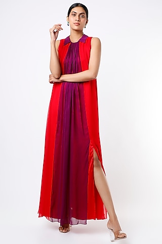 Red & Purple Maxi Dress by Wendell Rodricks