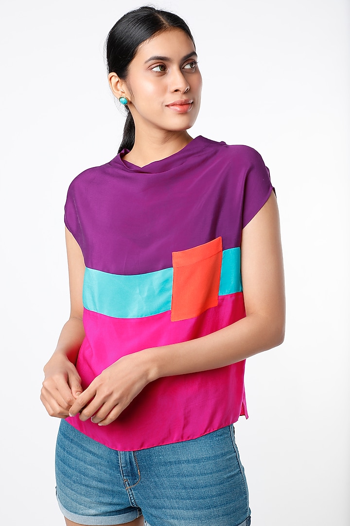 Purple & Fuchsia Color Blocked Top by Wendell Rodricks at Pernia's Pop Up Shop
