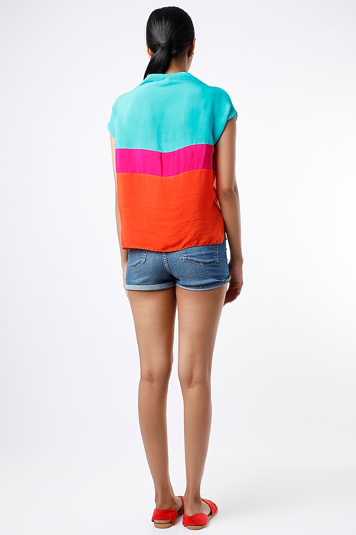 Turquoise & Orange Color Blocked Top by Wendell Rodricks at Pernia's Pop Up Shop