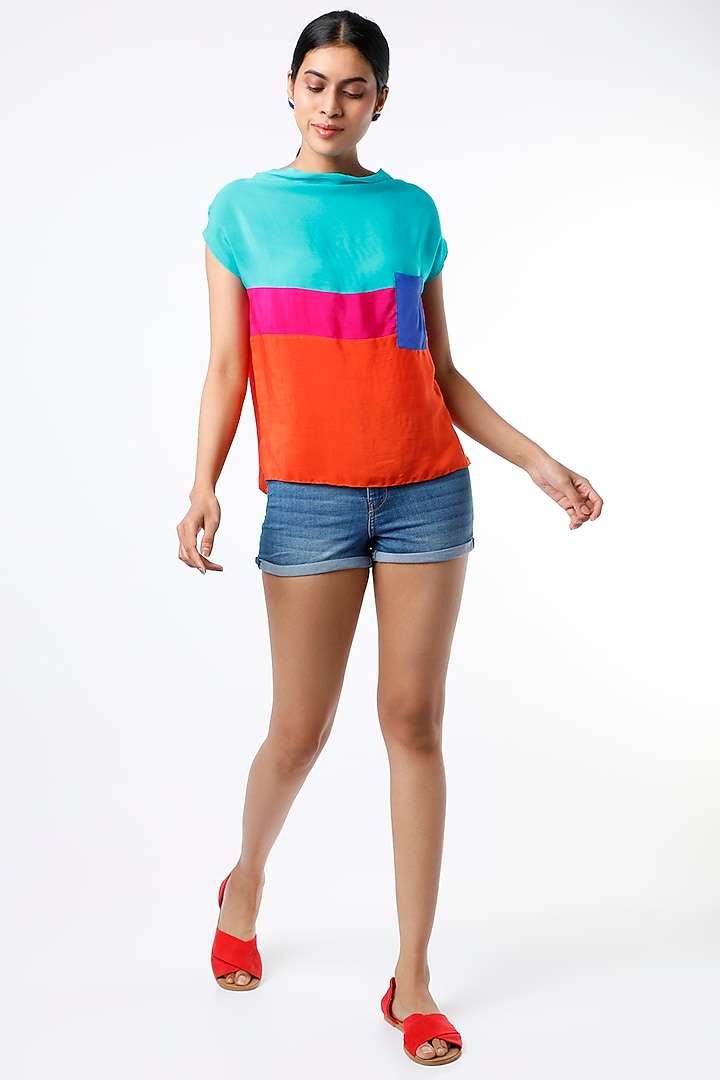 Turquoise & Orange Color Blocked Top by Wendell Rodricks at Pernia's Pop Up Shop