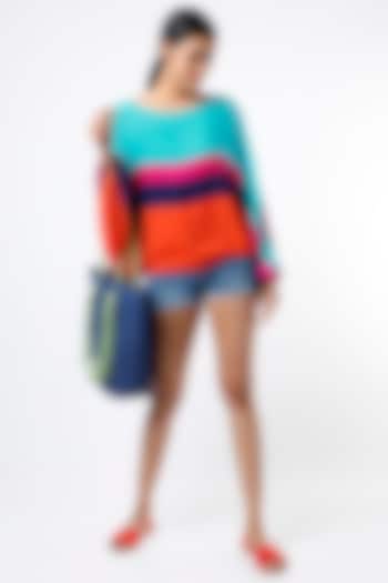 Turquoise & Orange Color Blocked Kaftan Top by Wendell Rodricks at Pernia's Pop Up Shop